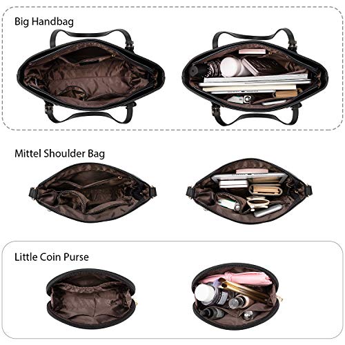 LOVEVOOK Borsa a Mano Donna Nera, Borsetta da Donna Elegante Borsa a Spalla Portafoglio 3pcs, Grande Borsa a Tracolla Donne Moda Borsetta Tote Nero, Miglior Regalo per la festa della Mamma