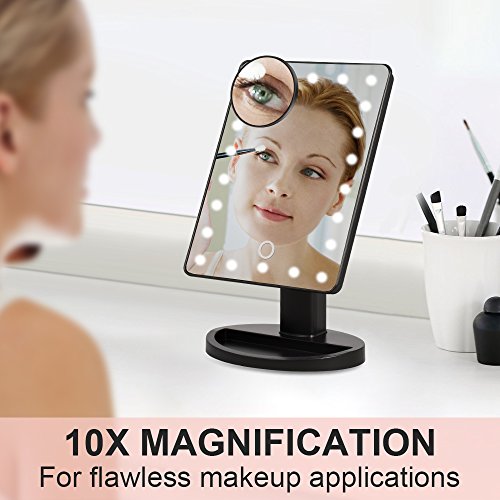 BEW Lighted Makeup Mirror/Vanity Mirror with 22 LED lights &Touch Screen Dimming, Detachable 10X Magnification Spot Mirror,Valentine's Day Gift (Black)
