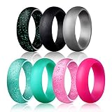 Egnaro Silicone Wedding Rings - 7 Rings Pack - Design for Women Size 4-8, Glitter Pink,Glitter Green,Glitter Black,Black, Light Grey,Rose Red, Green (6.5-7(17.3mm))