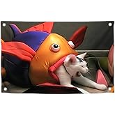 3x5 Ft Cat in Giant Fish Meme Flag - Single Sided Polyester with Four Brass Grommets - Funny Wall Tapestry for Dorm Boys - Silly Poster for Apartment and Garden - Indoor or Outdoor Decor