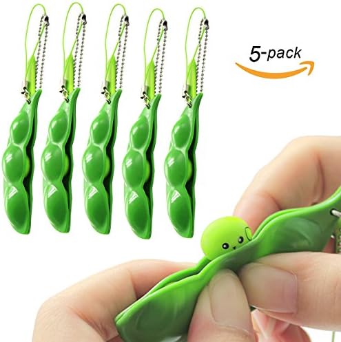 Tititina 5 Pack Squeeze-a-bean Fidget Toys Extrusion Soybeans Decompression Toys Key Chain Key Ring Mobile Chain Stress Relieving Peas Toys,Puchi Puti Mugen Edamame
