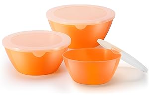CherHome Mixing Bowls with Lids Set of 3，Lightweight Mixing Bowl with lid，Nesting Plastic Salad Bowls with Lids for Kitchen Preparing，Baking，Serving，Microwave Safe，Dishwasher Safe，Orange