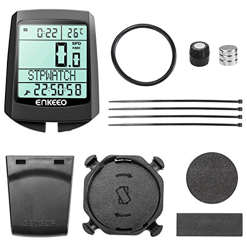 ENKEEO Bike Computer Wireless Bicycle Speedometer Waterproof Odometer with LCD Backlight, 5 Language Displays, Auto Power On/Off Systems, Current/AVG/MAX Speed Tracking, Multi Function for Cycling
