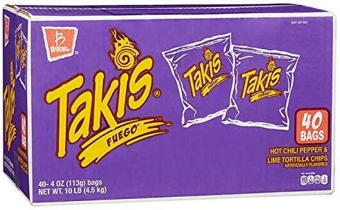 Takis Fuego Tortilla Hot Chili & Lime Chips Extra Large Bonus Box of 40 ct of 4 oz Bags - PACK OF 2