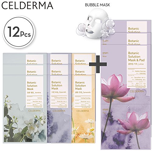 CELDERMA Korean Mask Sheet Pack - 12 Premium Face Masks For Cleansing, Exfoliating, Moisturizing with Lotus Extract and Jojoba Seed Oil