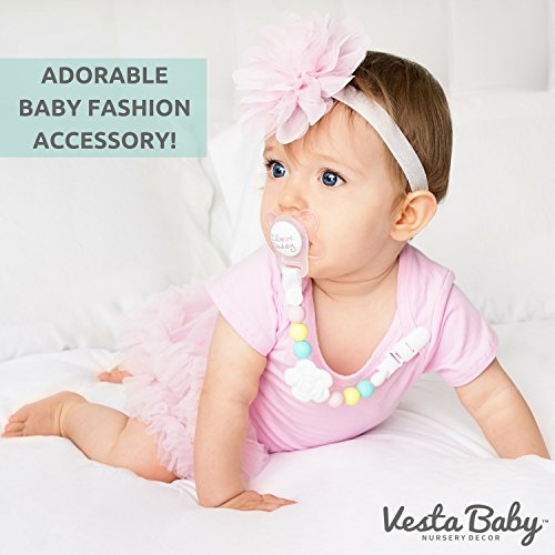 Vesta Baby Pacifier Clips with Silicone Teething Beads for Girls, 2 MAM Pacifier Clip Adapters, Soothie Pacifier Holder & Baby Teether Holder, Universal Binky Clips are Best Baby Girl Gifts, Set of 2