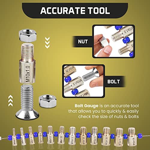 YOC Bolt Size and Thread Gauge- Thread Pitch Gauge- Nut and Bolt Thread Checker- 26 Male/Female Thread Identifier Gauges - 12 Inch & 14 Metric Sizes