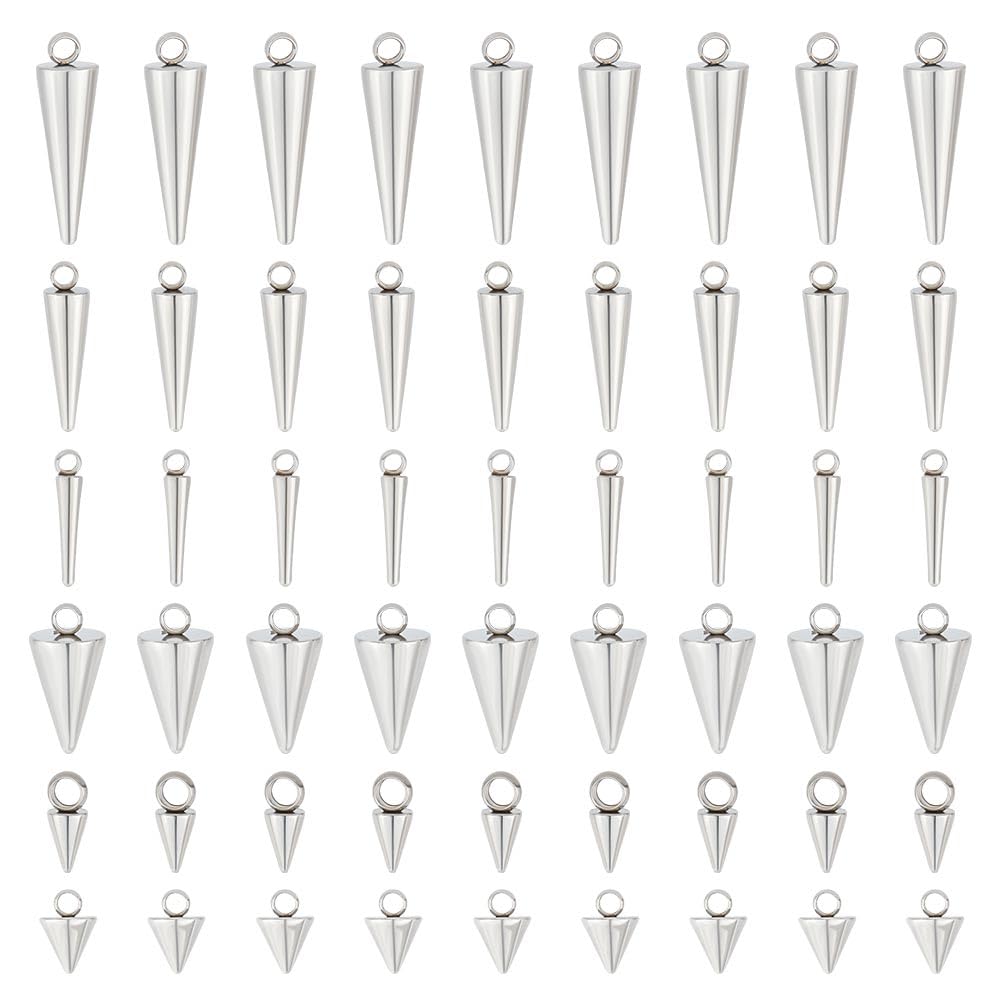 UNICRAFTALE about 60pcs Stainless Steel Cone Charm 6 Sizes Hypoallergenic Punk Style Charm Spike Pendants Dangle Charm for DIY Necklace Earring Bracelet Jewelry Making