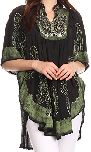 Sakkas 30A - Amori V-Neck Embroidery Poncho Top / Cover Up - Black / Green - OS