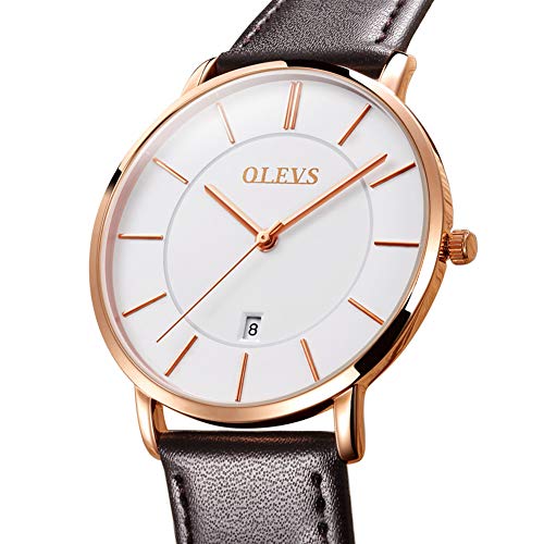 OLEVS Men's Ultra Thin Quartz Wrist Watches Retro Brown PU Leather Band Business Watch White Dial Date Waterproof Watches for Men Slim Watches