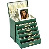 BOOVO Jewelry Box with Necklace Hanger – 6 layer Jewelry Organizer for Women with 5 Drawers, Large Jewelry Storage Boxes –Jewelry Organizers and Storage for Earrings, Necklaces (Green, 6 layer)