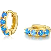 SILBERTALE 925 Sterling Silver Opal Hoop Earrings White/Blue/Pink/Green Opal Small Gold Plated Hinged Huggie Earrings 6/8/10mm