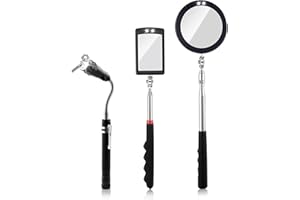 Rechabite 3 Pack Telescoping Inspection Mirrors LED Light & Magnet Flashlight Pickup Tool Set, Large 3.75" Round, 3.3" Square Mirror, for Inspection Viewing, Mechanic Checking, Observation