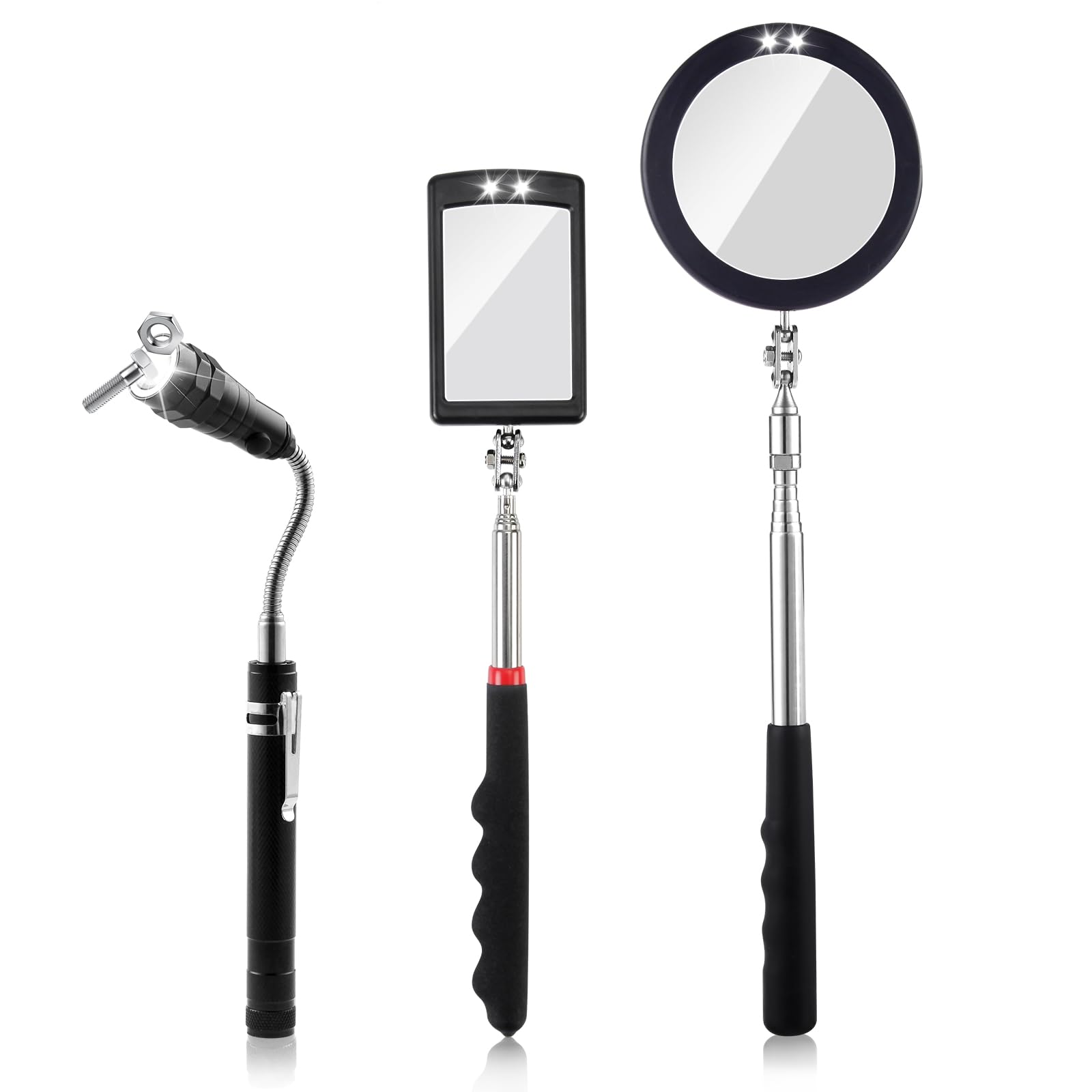 Photo 1 of Rechabite 3 Pack Telescoping Inspection Mirrors LED Light & Magnet Flashlight Pickup Tool Set, Large 3.75" Round, 3.3" Square Mirror, for Inspection Viewing, Mechanic Checking, Observation