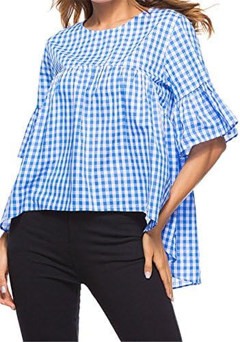 Kebinai Women Cotton Half-Sleeve Loose Tops Summer Casual Front Back Long Blouse Blue S M L XL,Medium,Fashion