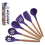 Maphyton Silicone Cooking Utensils, 6 Pieces Nonstick Heat Resistant Kitchen Tool Set with Natural Wood Handle Purple