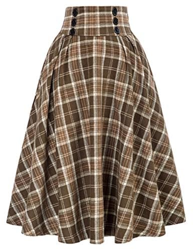 Womens Plaid Swing Skirts A-Line Pleated Tartan Midi Skirts,Brown