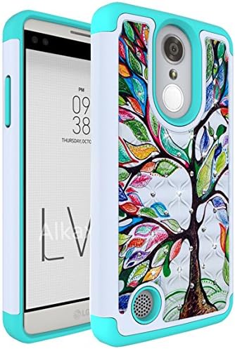 Alkax LG Aristo Case, LG LV3 Case, Shockproof Studded Rhinestone Bling Hybrid Dual Layer Rugged Scratch Resistant Protective Case Cover for LG V3/LG K8 2017/MS210 + 1 Stylus Pen (Teal Tree)