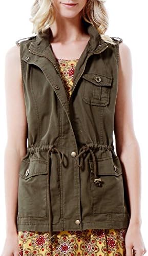 3LC Womens Zip Up Drawstring Waist Cargo Anorak Military Vest