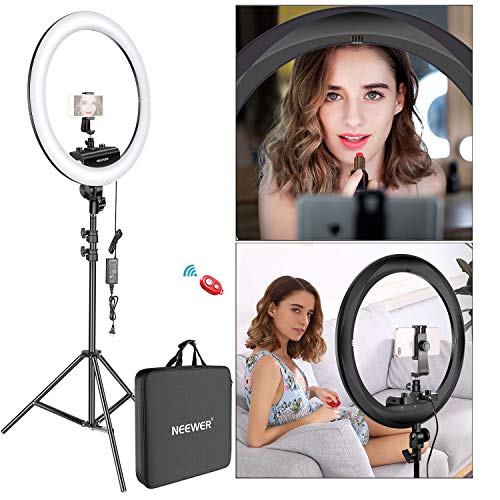 Neewer Ring Light Kit [Upgraded Version-1.8cm Ultra Slim]-18 inches,3200-5600K,Dimmable LED Ring Light with Light Stand, Phone Clip,Hot Shoe Adapter for Portrait Makeup Video Shooting (Black)