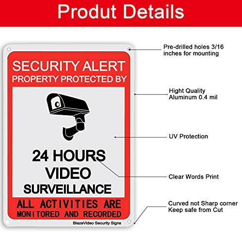 BlazeVideo Video Surveillance Sign with Rust Fee 0.40 Aluminum, 10X7 Inch UV Printed for Fake Camera and Indoor Outdoor Wireless Camera System Home Security Sign