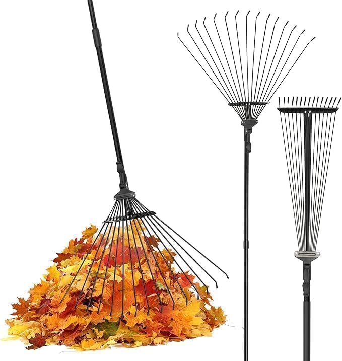 Pelle & Sol Garden Rake 38-63in Adjustable 25 Tines Lawn Yard Clean Up