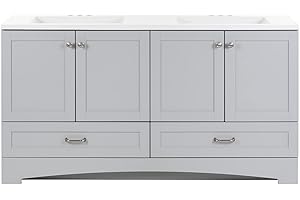 Spring Mill Cabinets Emlyn 60 Inch Double-Sink Bathroom Vanity with White Top, 2 Cabinets, 2 Drawers, 60.5" W x 18.75" D x 32.89", Pearl Gray