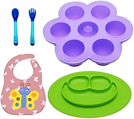 MBSSHI Silicone Baby Placemat - Baby Food Storage Container Freezer Trays Kids Reusable Travel Placemat Set including spoon Waterproof bib BPA Free &amp; FDA (purple)