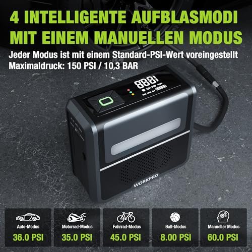 Kabellose Elektrische Luftpumpe 3-in-1 mit LED-Licht, Powerbank, Akku Kompressor mit Display & Abschaltautomatik, für Auto, Fahrrad, Motorrad, Bälle – USB & 12V Ladeoption