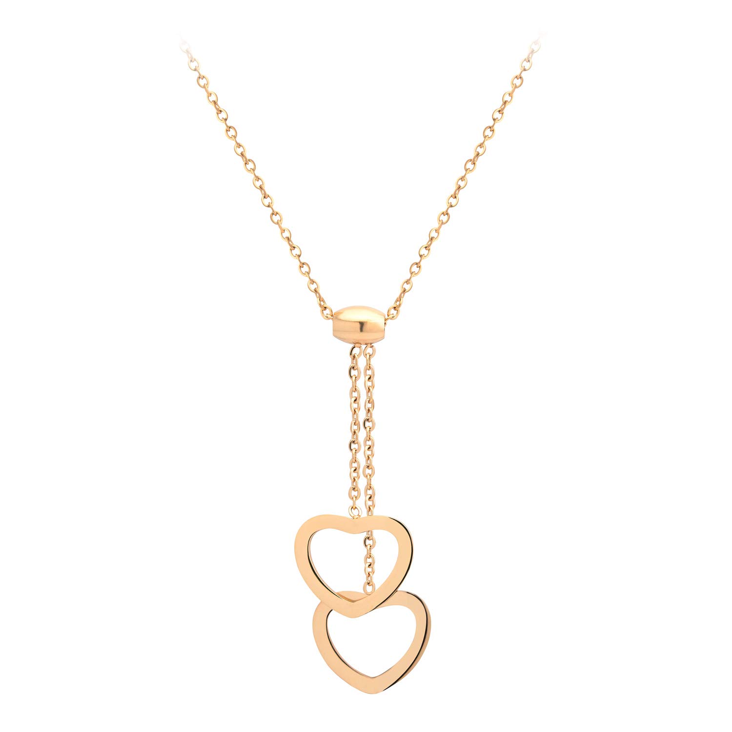 555Jewelry Stainless Steel Heart Shaped Necklace for Women Simple Dainty Romantic Lariat Y Dangling Dual Small Pendant Hollow Heart Necklace for Ladies, Rose Gold