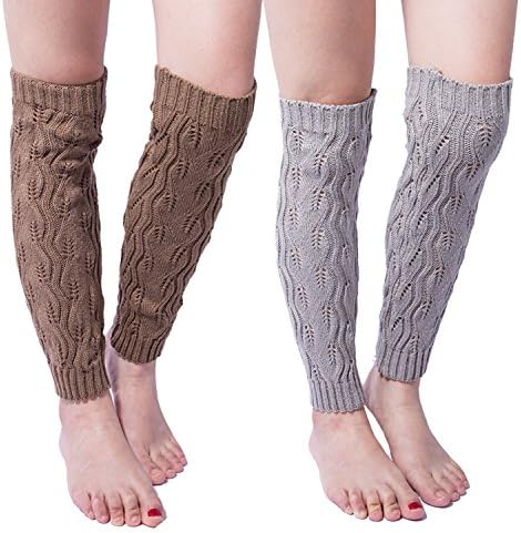 2 Pack of Womens Cable Knit Leg Warmers Knitted Crochet Long Socks (one size, 2 Pair(light Gray+khaki))