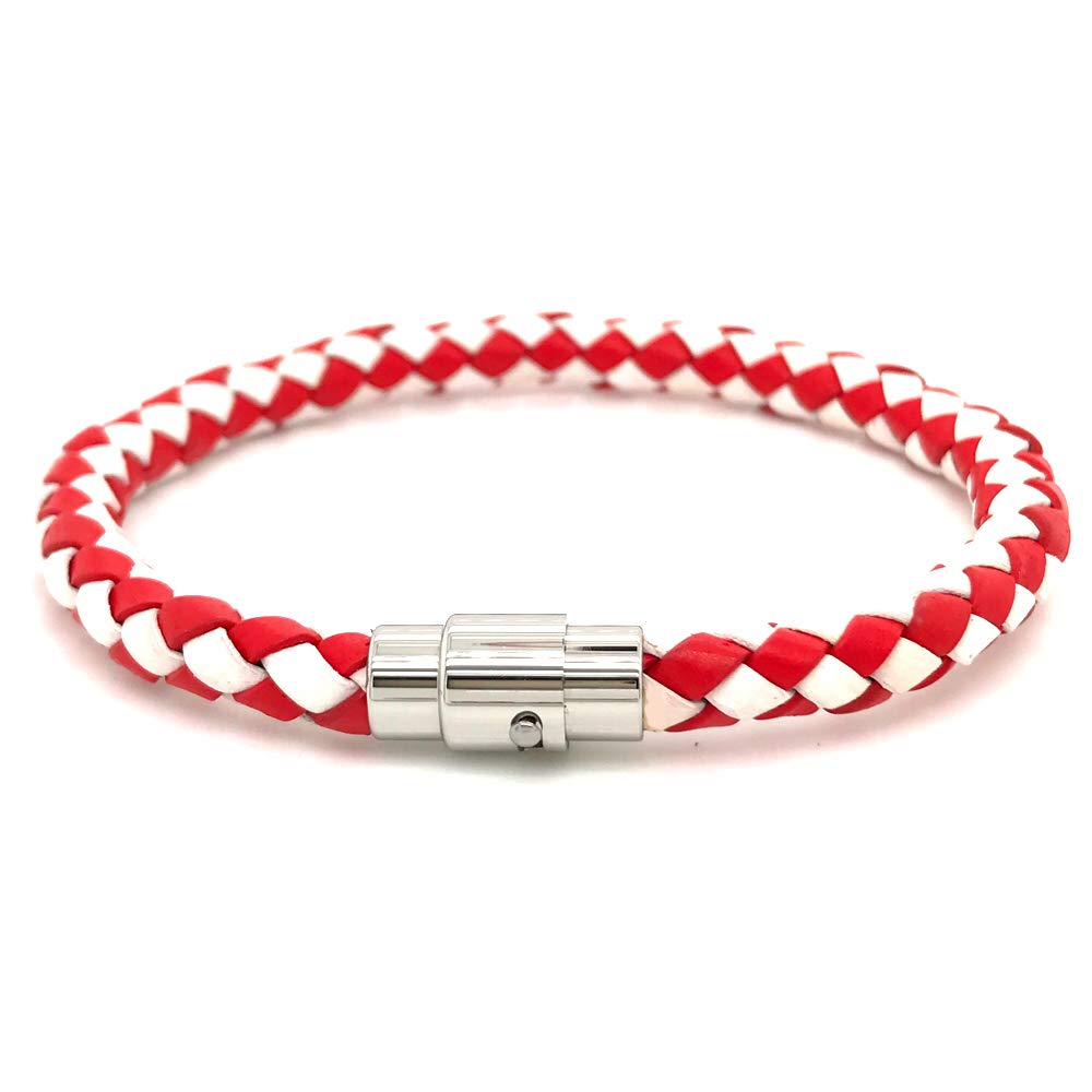 Tribal Steel Men's Red & White Plaited Bracelet - Men's 21cm Braided Leather Bracelet with Stainless Steel Bayonet Clasp, Extra Secure Magnetic Closure