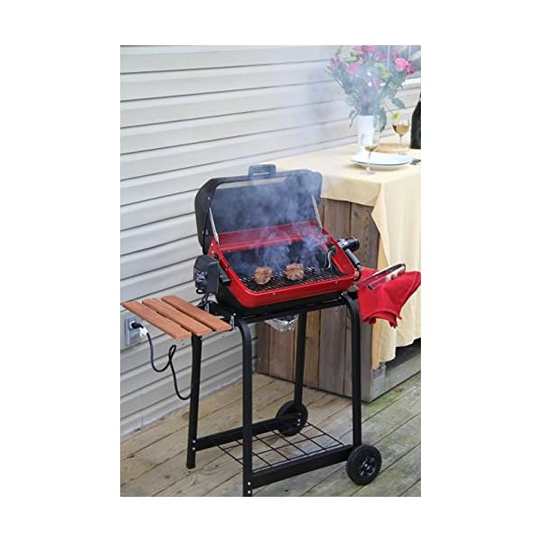 Americana-Electric-Cart-Grill-with-two-folding-composite-wood-side-tables-and-wire-shelf