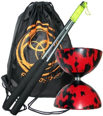 Mr Babache Harlequin Diabolo Set - Red/Black with Aluminium Handsticks and Firetoys Bag