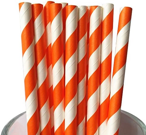 MY PAPER Biodegradable Paper Straws 7.75 Inch Decorative Striped Paper Straws 25 PACK (Orange)