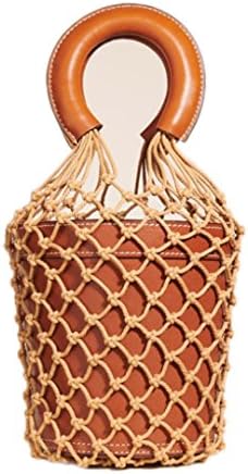 Show Woven Rope Grid Leather Bucket Tote Bag Women Handbag Beach Handbag