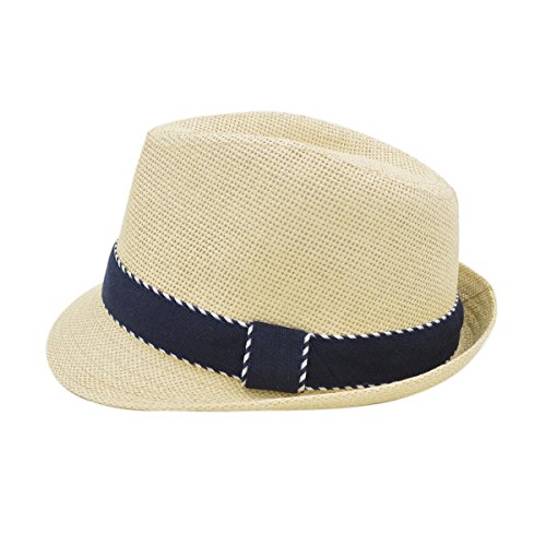 Premium Classic Fedora Straw Hat with Navy Striped Trim Band, Natural