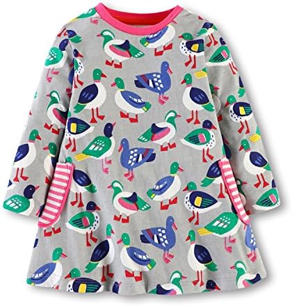 Hongshilian Girls Cotton Long Sleeve Dresses Dress Cute Cartoon Dresses(Duck &amp; Gray,5-6Yrs)