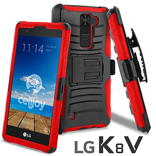 LG K8 V Case, CellJoy [Ultra Rugged] (ShockProof) For LG VS500 / K8V 2016 Verizon Reinforced Impact Bumper [Heavy Duty] Protection Cover With Kickstand [Locking Swivel Belt Clip Holster Combo] (Red)