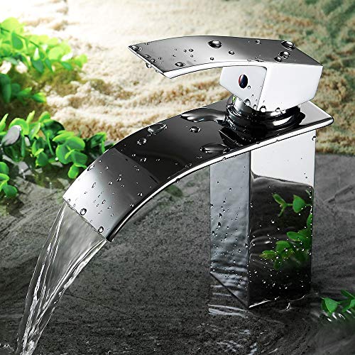 HEABLE Waterfall Bathroom Faucet Chrome, Single Handle Bathroom Sink Faucet One Hole Lavatory Vanity Faucet with Deck Plate