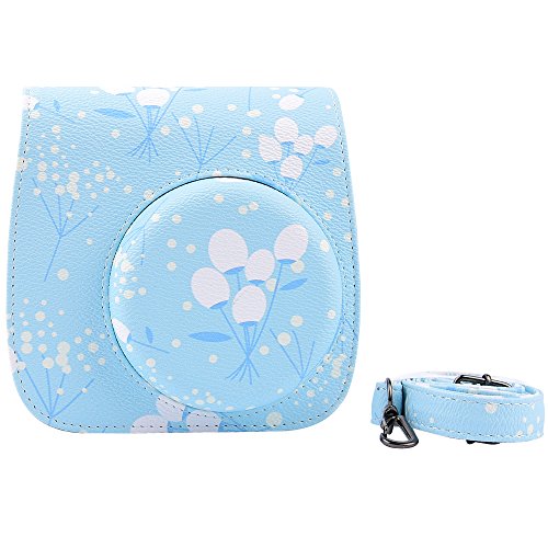 TurnRaise Fujifilm Instax Mini 8/ Mini 8s/Mini9 Camera Case Bag - Lovely Flower Pattern Camera Bag with Shoulder Strap - Sky Blue PU Leather