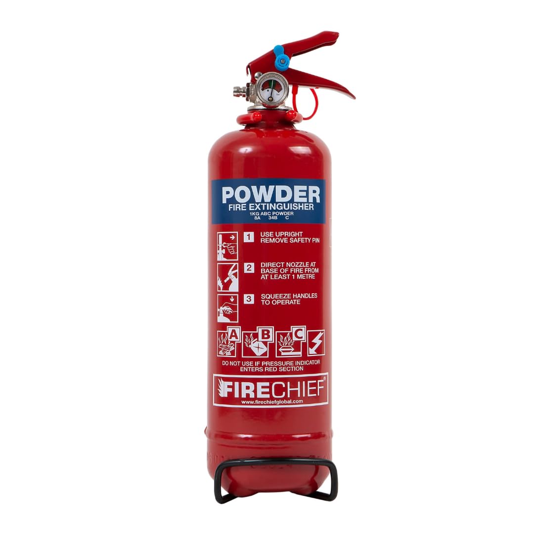 Firechief 1kg Powder Fire Extinguisher - Red Fire Extinguisher for Home - Multi Purpose Powder Supplied with Bracket - Kitemark Certified to BS EN 3, LPCB and MED Approved - FMP1 Model