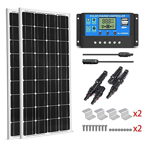SUNGOLDPOWER 200 Watt 12V Monocrystalline Solar Panel Module:2pcs 100W Monocrystalline Solar Panel Solar Cell Grade A +20A LCD PWM Charge Controller Solar+MC4 Extension Cables+2 Sets of Z-Bracket