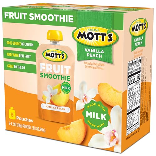MOTT’S FRUIT SMOOTHIES VANILLA PEACH, 4.2 OZ CLEAR POUCHES, 8 PACK, MADE WITH MILK, MADE WITH REAL FRUIT, GOOD SOURCE OF CALCIUM, ON-THE-GO