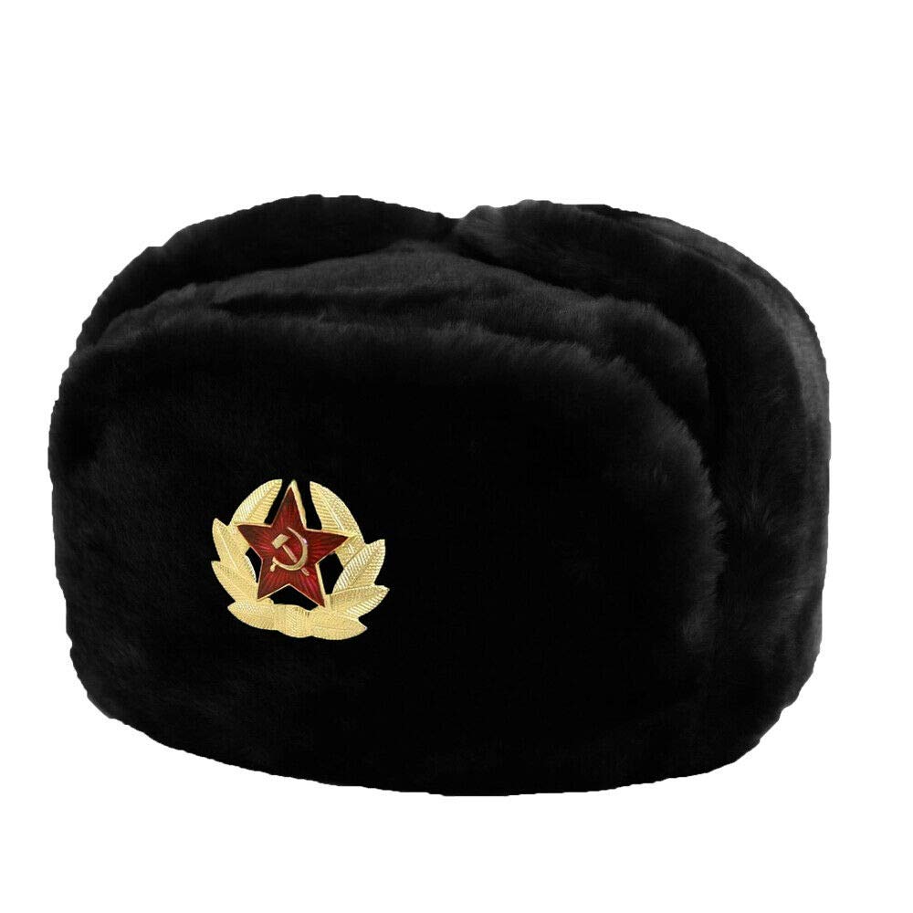 FLAVES FASHION Mens Ushanka Cossack Russian Fake Fur Trapper Ski Hat Winter Warm Trapper Hat Black (Black)