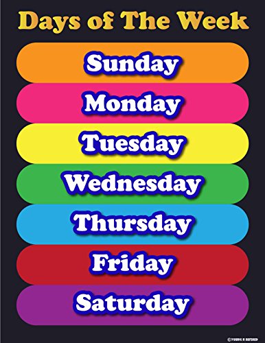 Young N refined Learning Days of the week elementary school teachers aid. Laminated poster chart colored tabs on black background