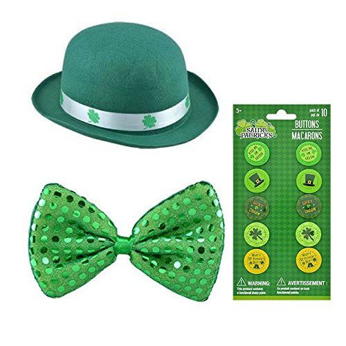 Multiple ST. Patrick's Day 4 Piece Green Derby Hat, Bow Tie, 10 Count Buttons, Milkshake Recipe Card