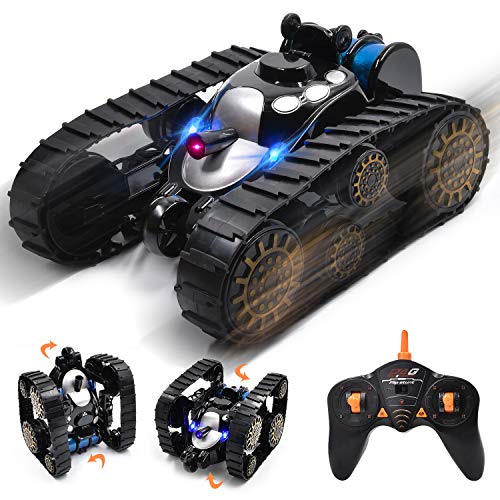 Ulvench Rechargeable RC Tank Car Gifts Toy with Music LED Light, 360-degree Rotating Flip Stunt Vehicle, High Speed Tank Auto,Present Xmas for Boys Girls Teens and Children.