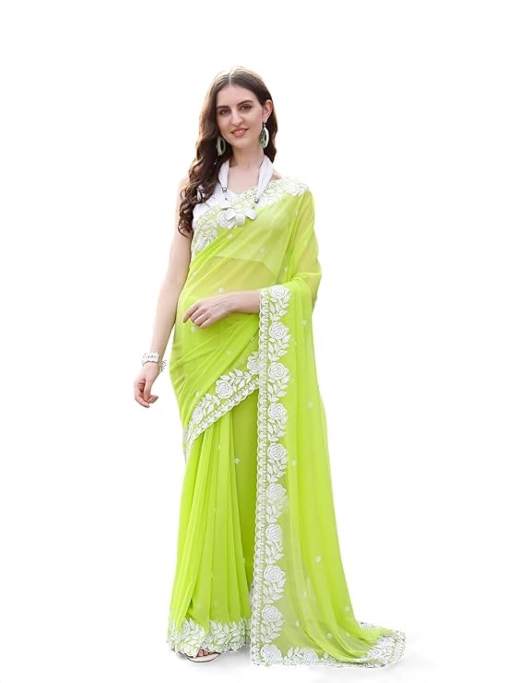 Estationeryhouse Women's Georgette Embroidery Border Work Designer Saree with Blouse Piece (Lime Green)
