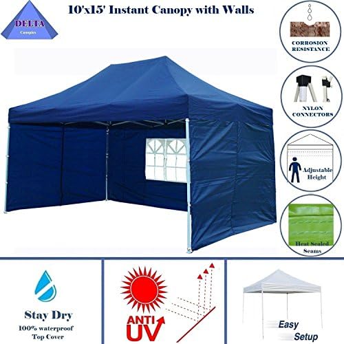 DELTA Canopies 10'x15' Ez Pop up Canopy Party Tent Instant Gazebos 100% Waterproof Top with 4 Removable Sides Navy Blue - E Model